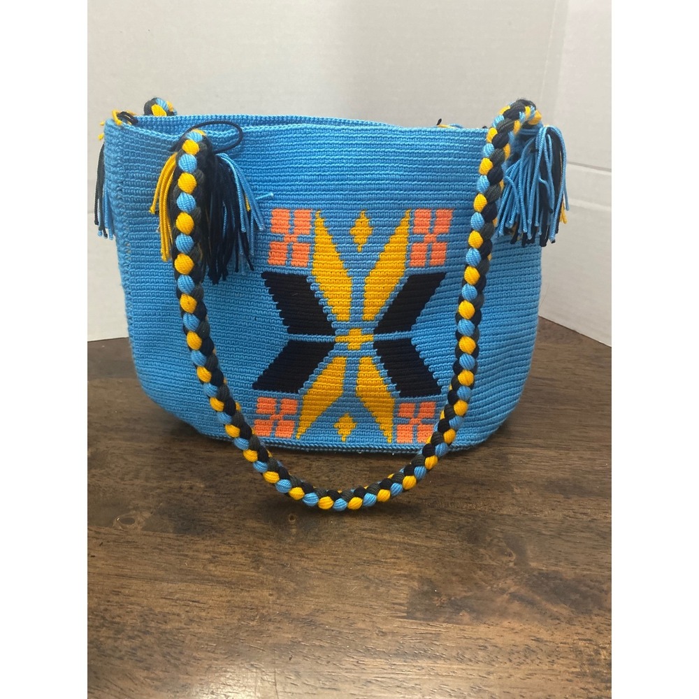 Handmade Wayuu Mochila Crochet Bag Blue Geometric Boho Tassel Shoulder Tote